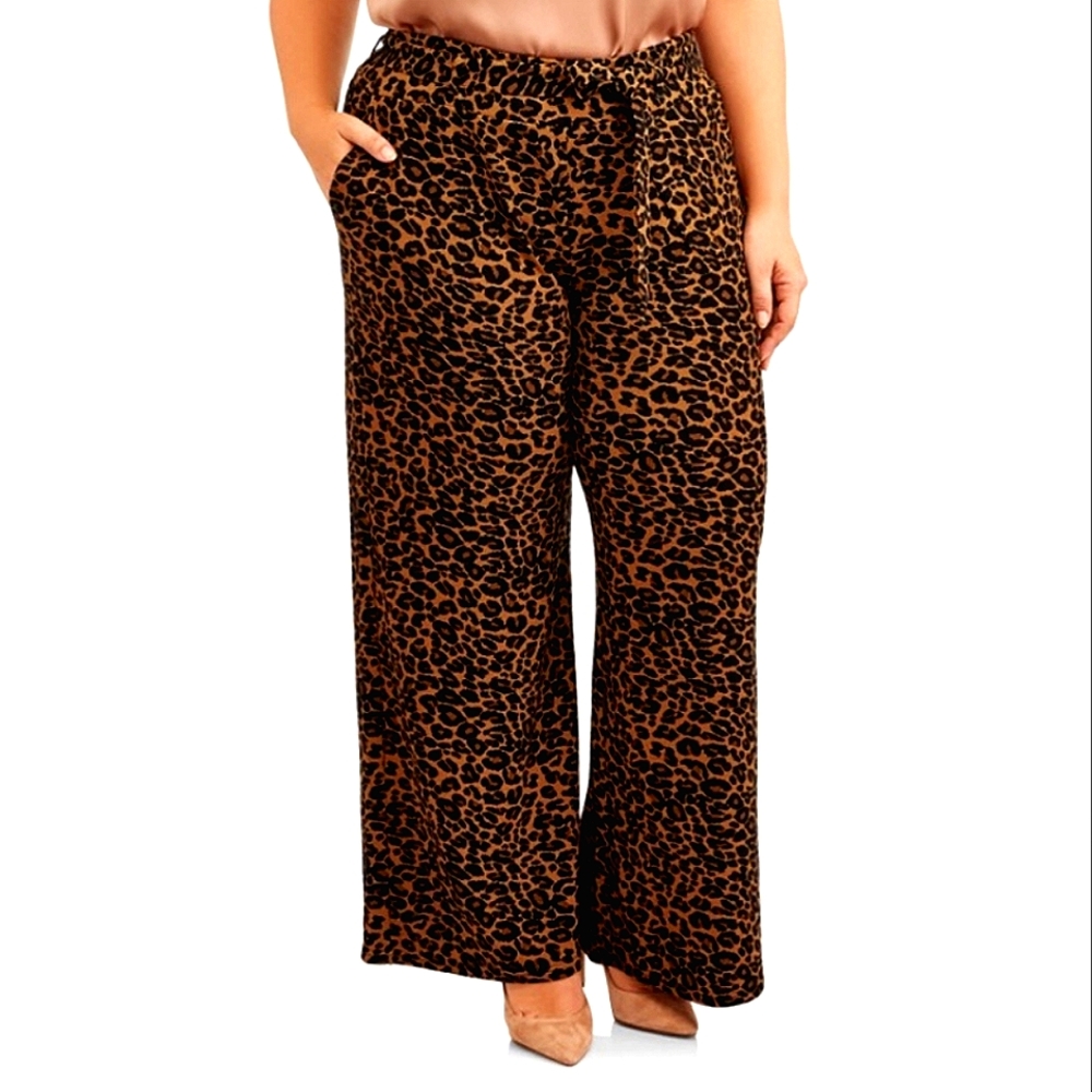 Leopard Stretch Wide Leg Tie Waist Knit Pants Plus